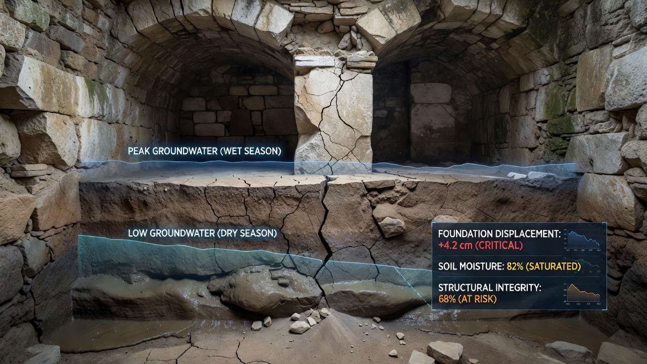 Cross-section diagram illustrating groundwater fluctuation effects on underground foundation structures